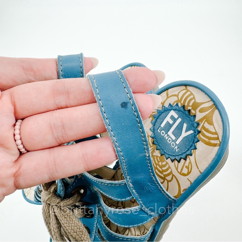 Fly London Blue and Tan Wedge Sandals - Picture 3 of 7